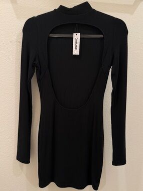 Garage Black Ribbed Long Sleeve Mini Dress with Cutout Back